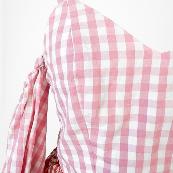 Pink Red Cold Shoulder Plaid Checkered Long Puffy Sleeve Peplum Top Size XS - Picture 9 of 9